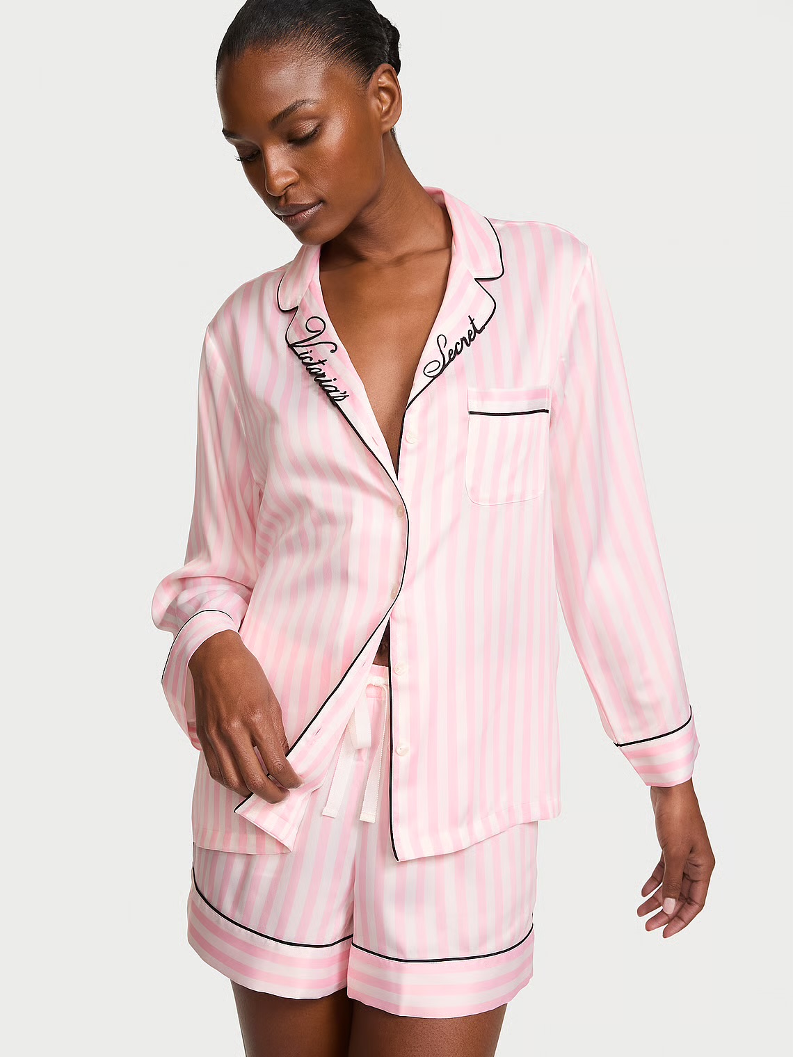 Піжама Signature Satin Long-Sleeve Short Pajama Set в смужку