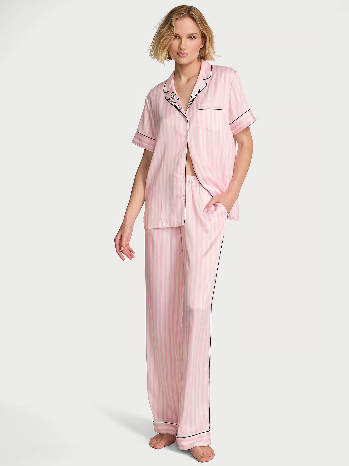 Піжама Signature Satin Short-Sleeve Long Pajama Set в смужку